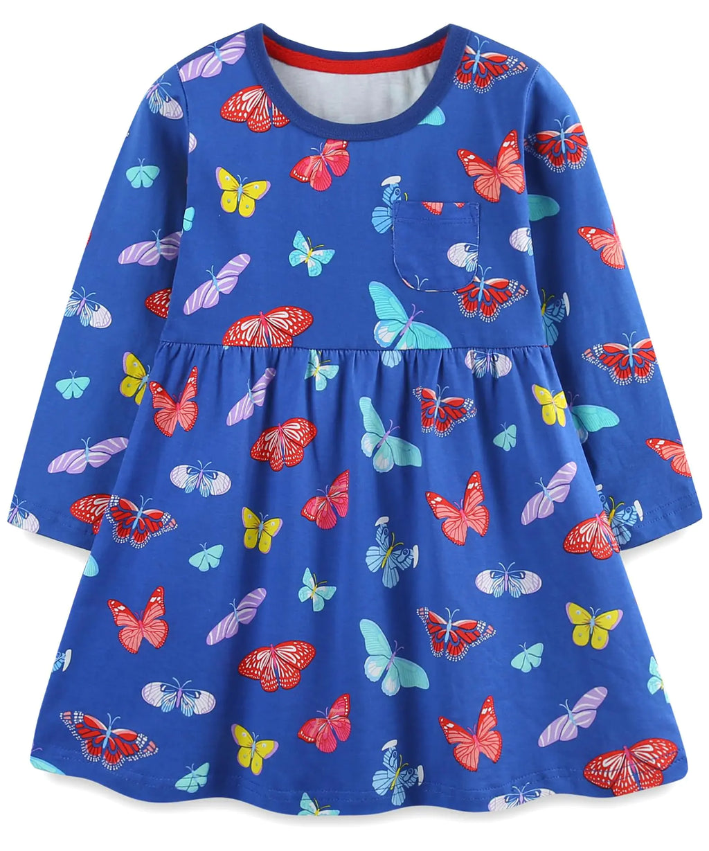 Hongshilian Girls Cotton Chirstmas Dress Long Sleeve Cartoon Appliques Casual Playwear Dresses(4TBlue&Butterflies)
