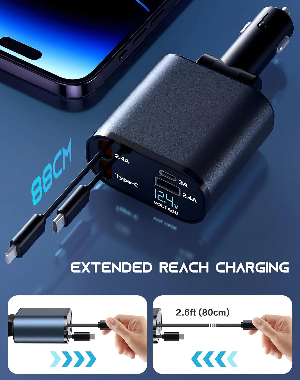 Retractable Car Charger 4 in 1 Fast Car Phone Charger 120W With USB Type C Cable
