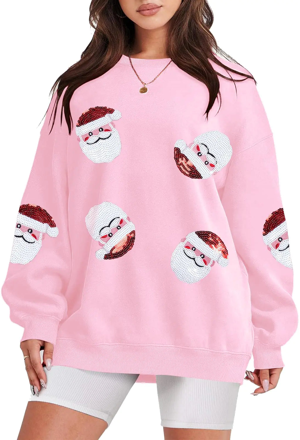 UNIQUEONE Womens Christmas Sweatshirt Sequin Santa Shirt Cute Chirstmas Graphic Tees Chirstmas Crewneck Long Sleeve Tops Pink