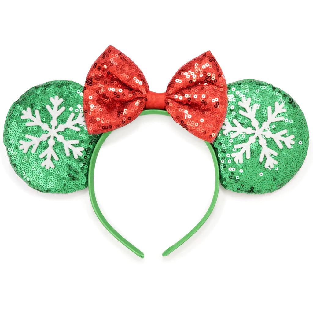 Needzo Chirstmas Mouse Ear Headband 2024 Holiday Hair Accessory Sparkly Red and Green with Snowflakes One Size