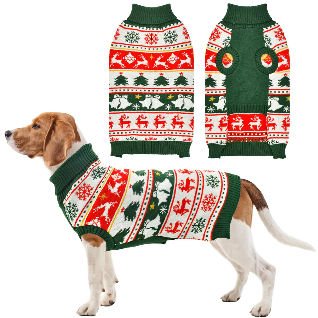 Vehomy Dog Christmas Sweater Warm Dog Xmas Turtleneck Sweater with Snowflakes Reindeers Bells Dog Knitwear Chirstmas Knitted Shirt Pullover Clothes for Medium Large Dogs XL
