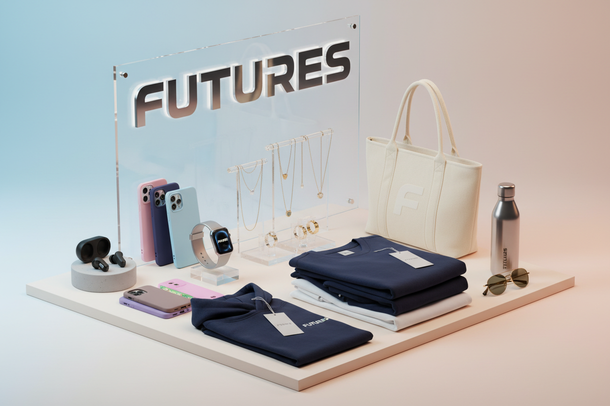 create imagine a varity of thing with my Bussiness name in it i want thing like Electronic accessories colths jerery and more things