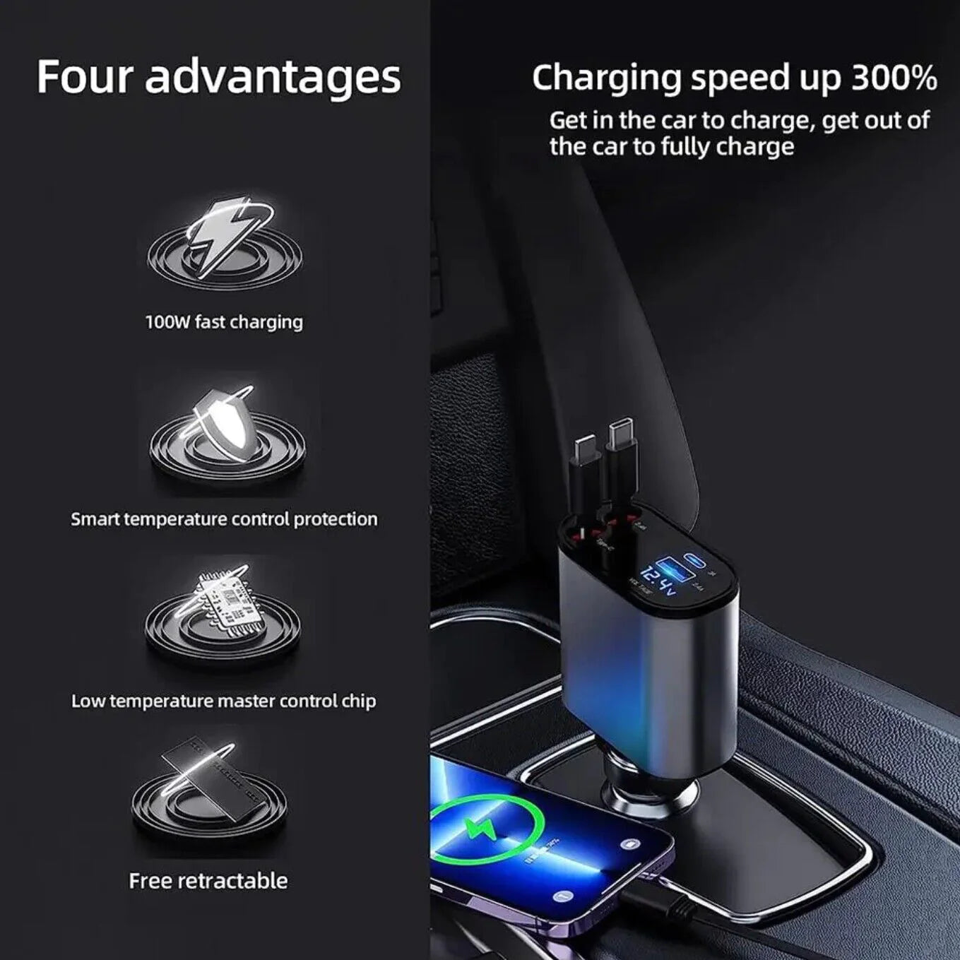 Retractable Car Charger 4 in 1 Fast Car Phone Charger 120W With USB Type C Cable
