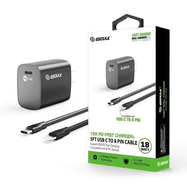 Esoulk Black 18W PD Fast Charger Wall &amp; 5FT C To 8Pin Cable For iPhone 12/11