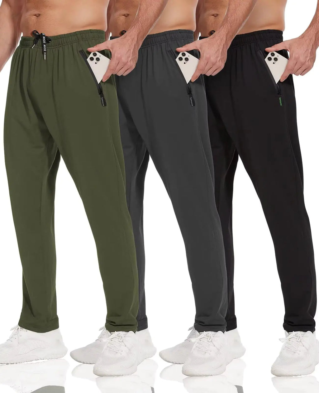 lomsoe 3 Pack Mens Athletic Pants with Zip Pockets Lightweight Sweatpants for Men Joggers Pants Quick Dry Workout Sweat Pants(BlackDark GrayArmy GreenL)