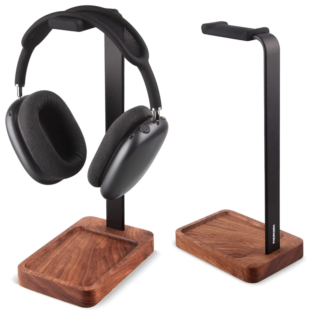 PHERKORM Walnut Wood & Aluminum Headset Holder Desktop Headphone Stand Universal headphone holder for most music gaming headsets - Black Walnut